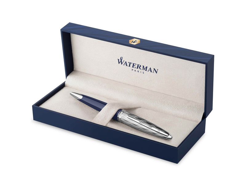 Waterman Carène Kugelschreiber | Metall und blaue Lackierung | ziselierte Kappe | blaue Tinte | Geschenkbox