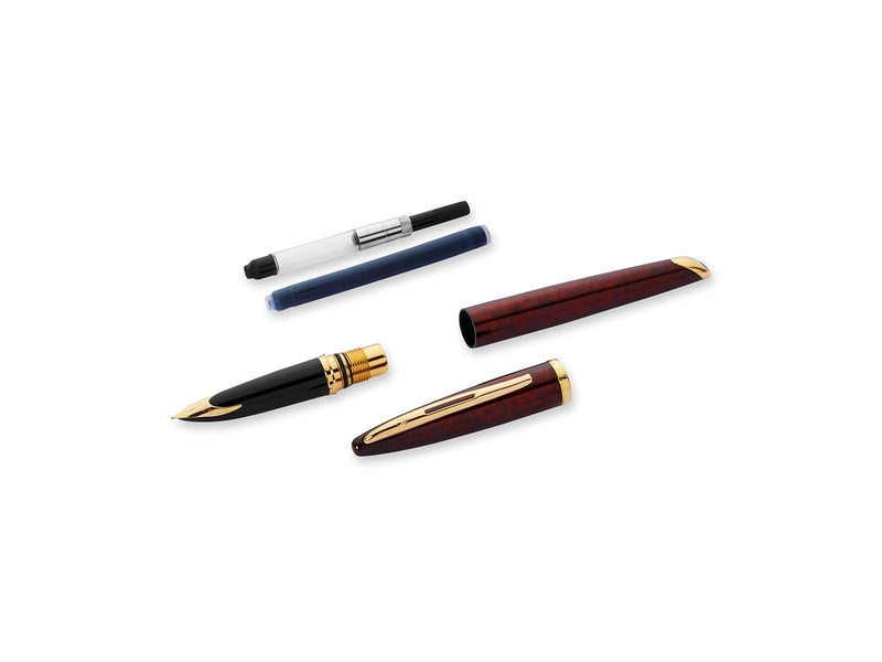 Waterman Carène Marine Amber Füller | hochglänzend Braun & Schwarz mit Clip aus 23-karätigem Gold | Füllfederhalter mit feiner Feder | blaue Tinte | Geschenkbox