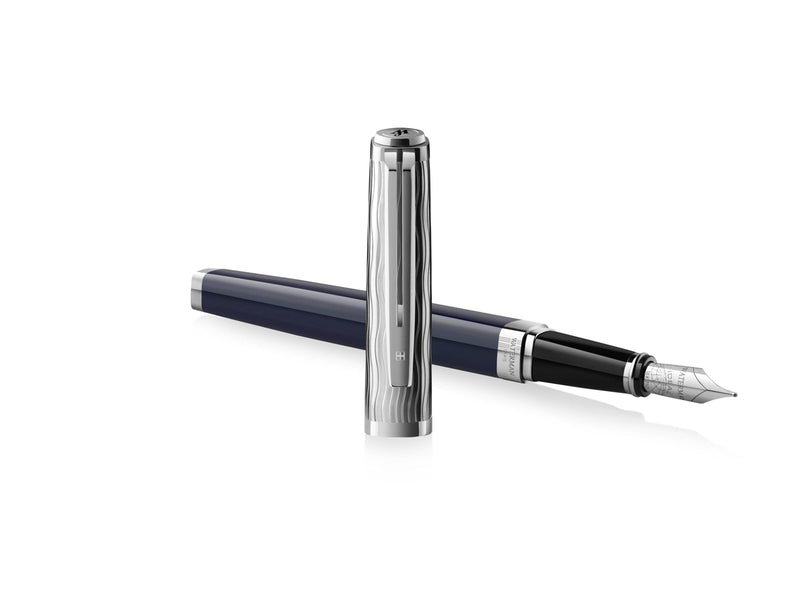 Waterman Exception Füller | Metall & Blau Lack mit Palladium-Zierteilen | gravierte Kappe und 18 kt Gold | Füllfederhalter mit mittlerer Feder | Geschenkbox
