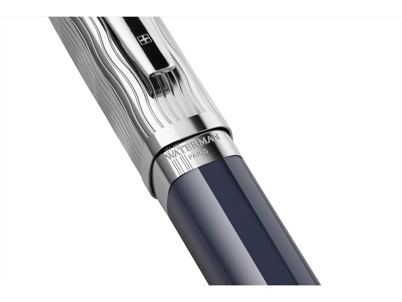 Waterman Exception Füller | Metall & Blau Lack mit Palladium-Zierteilen und gravierte Kappe | 18 kt Gold | Füllfederhalter mit feiner Feder | Geschenkbox