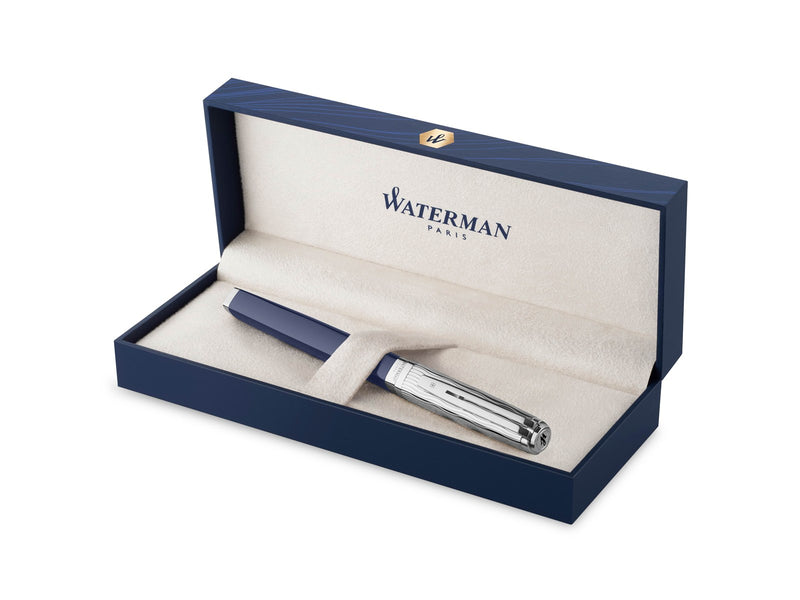 Waterman Exception Füller | Metall & Blau Lack mit Palladium-Zierteilen und gravierte Kappe | 18 kt Gold | Füllfederhalter mit feiner Feder | Geschenkbox