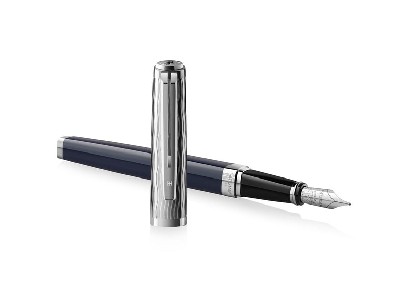 Waterman Exception Füller | Metall & Blau Lack mit Palladium-Zierteilen und gravierte Kappe | 18 kt Gold | Füllfederhalter mit feiner Feder | Geschenkbox