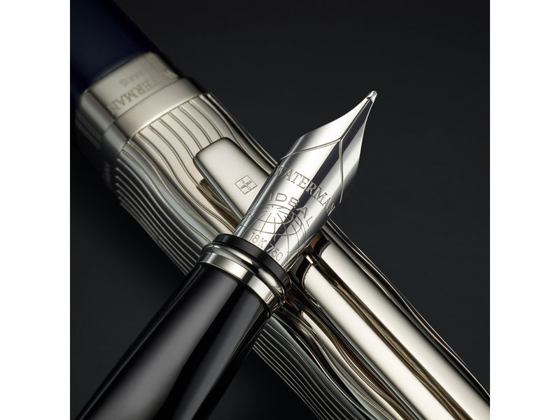 Waterman Exception Füller | Metall & Blau Lack mit Palladium-Zierteilen und gravierte Kappe | 18 kt Gold | Füllfederhalter mit feiner Feder | Geschenkbox