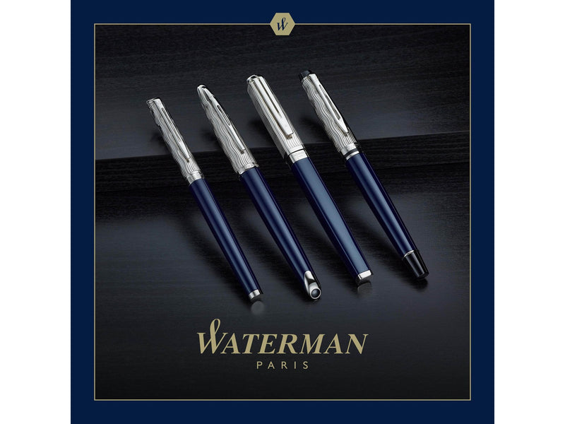 Waterman Exception Füller | Metall & Blau Lack mit Palladium-Zierteilen und gravierte Kappe | 18 kt Gold | Füllfederhalter mit feiner Feder | Geschenkbox
