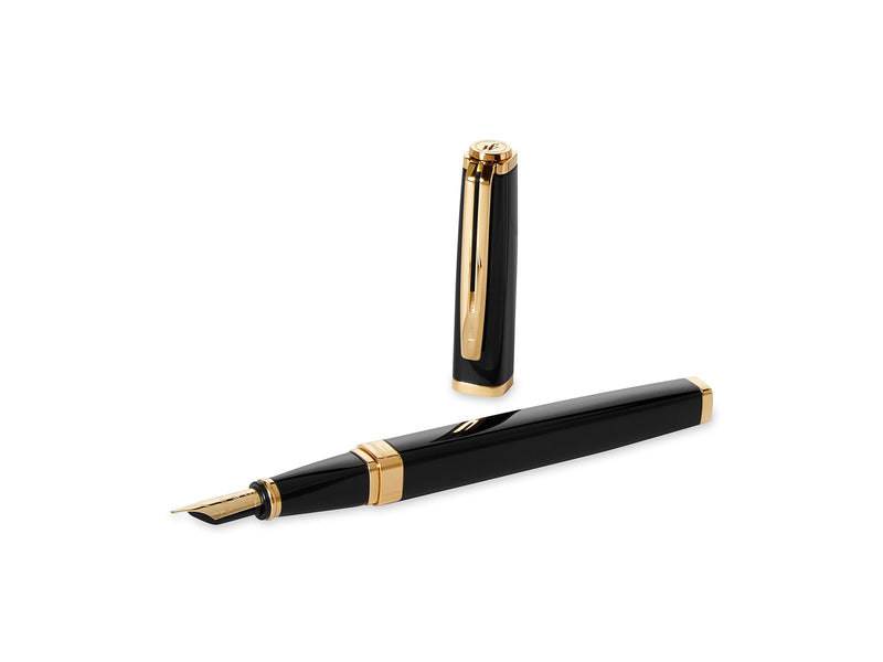 Waterman Exception Füller (Modell „Slim“) | schwarz mit Clip aus 23-karätigem Gold | Füllfederhalter mit feiner Feder und blauer Tinte | Geschenkbox