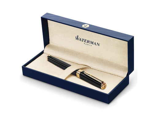 Waterman Exception Füller (Modell „Slim“) | schwarz mit Clip aus 23-karätigem Gold | Füllfederhalter mit mittlerer Feder und blauer Tinte | Geschenkbox