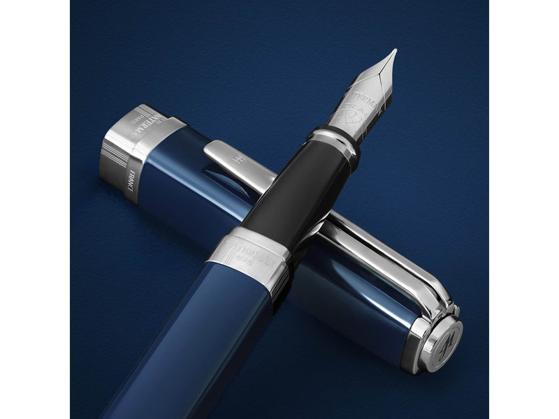 Waterman Exception Fountain Pen Blue Lacquer with Palladium trim 18K Gold Fine Nib Blue Ink Gift Box