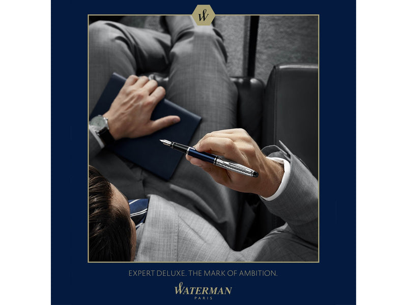 Waterman Expert Deluxe Füllfederhalter, Metall und blaue Lackierung mit palladiumbeschichteten Zierteilen, Federbreite F mit Palladium