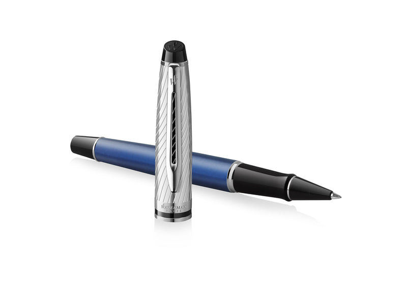 Waterman Expert Deluxe Rollerball, Metall und blaue Lackierung mit palladiumbeschichteten Zierteilen, Feine Spitze