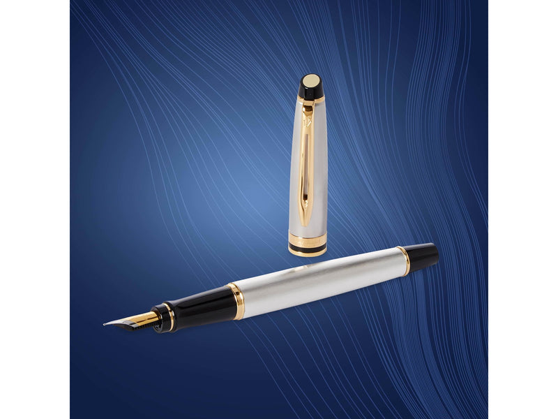 Waterman Expert Füller | Edelstahl mit Zierteile aus 23 K Gold | Füllfederhalter mit feiner Feder | Geschenkbox