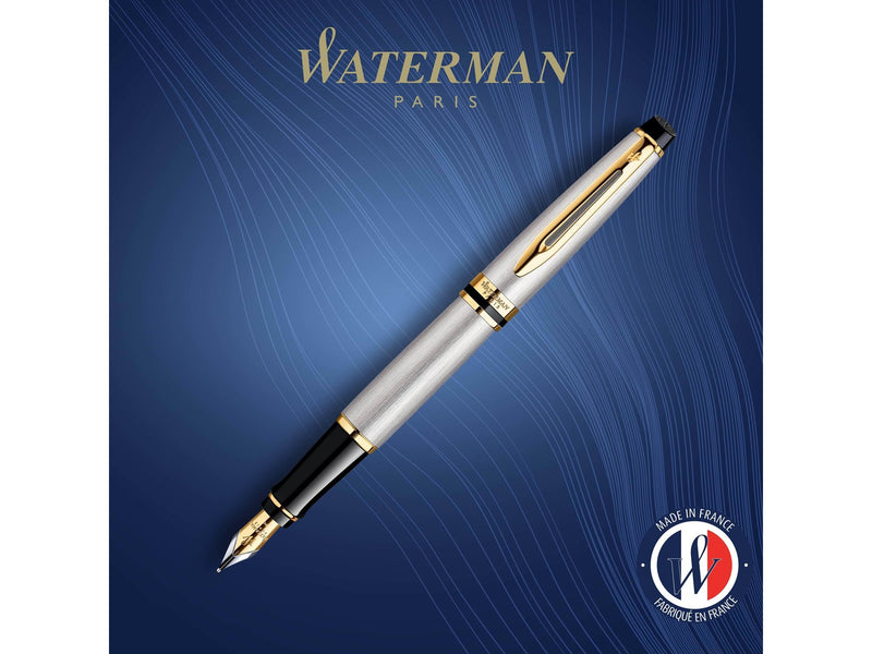 Waterman Expert Füller | Edelstahl mit Zierteile aus 23 K Gold | Füllfederhalter mit mittlerer Feder | Geschenkbox