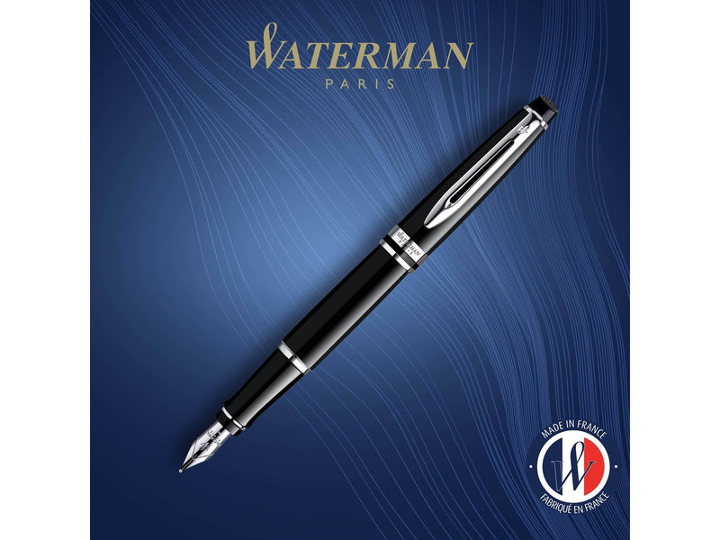 Waterman Expert Füller | Hochglänzend Schwarz mit Chromzierteile | Füllfederhalter mit mittlerer Feder | Geschenkbox