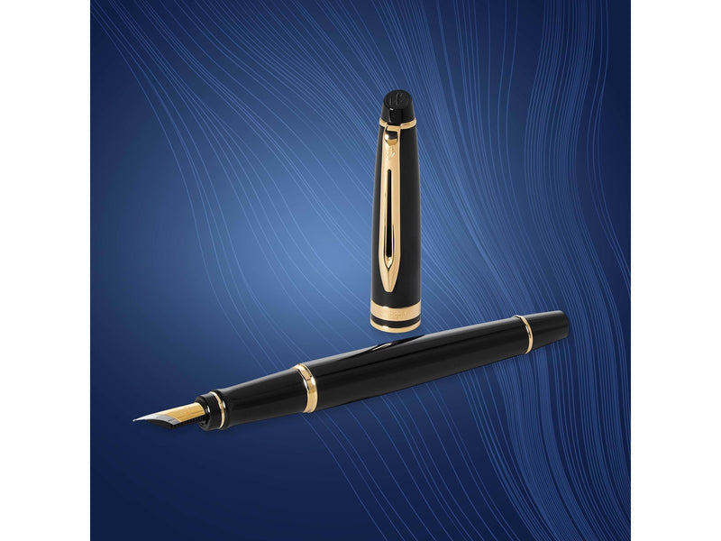 Waterman Expert Füller | Hochglänzend Schwarz mit Zierteile aus 23 K Gold | Füllfederhalter mit feiner Feder | Geschenkbox