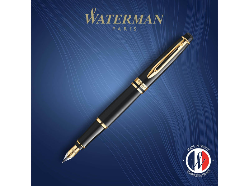Waterman Expert Füller | Hochglänzend Schwarz mit Zierteile aus 23 K Gold | Füllfederhalter mit mittlerer Feder | Geschenkbox
