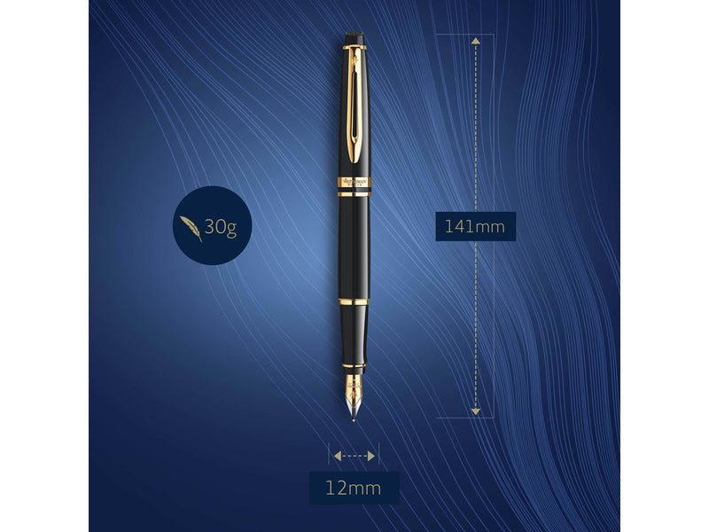 Waterman Expert Füller | Hochglänzend Schwarz mit Zierteile aus 23 K Gold | Füllfederhalter mit mittlerer Feder | Geschenkbox