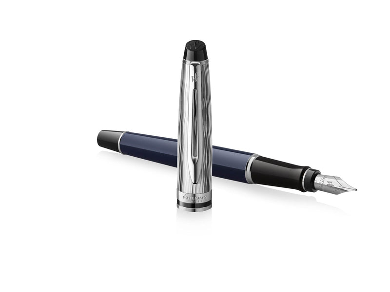 Waterman Expert Füller | Metall und blaue Lackierung | ziselierte Kappe | feine Feder aus Edelstahl | blaue Tinte | Geschenkbox |