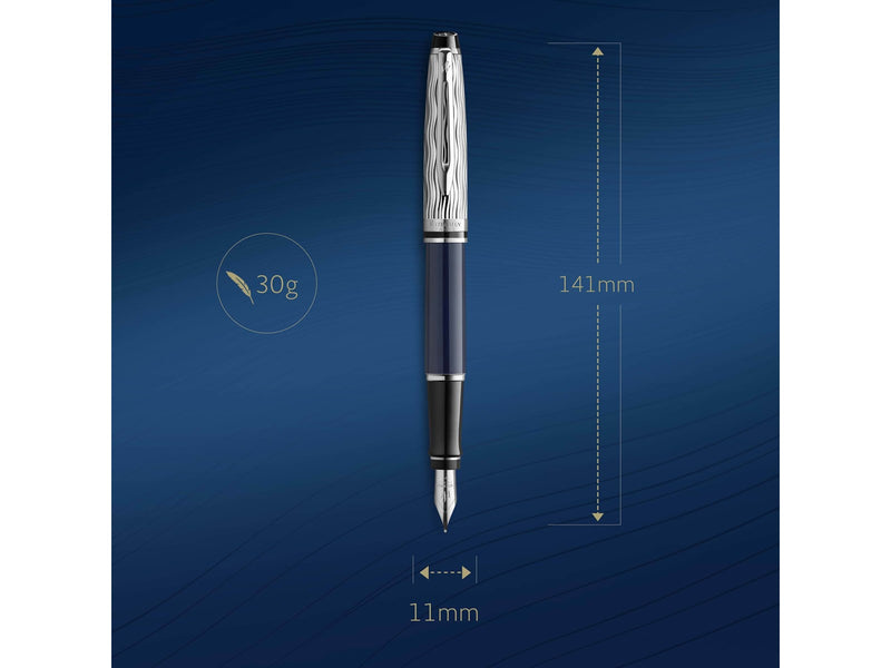 Waterman Expert Füller | Metall und blaue Lackierung | ziselierte Kappe | feine Feder aus Edelstahl | blaue Tinte | Geschenkbox |