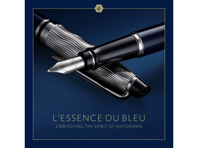 Waterman Expert Füller | Metall und blaue Lackierung | ziselierte Kappe | mittlere Feder aus Edelstahl | blaue Tinte | Geschenkbox |