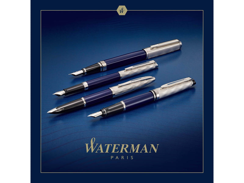 Waterman Expert Füller | Metall und blaue Lackierung | ziselierte Kappe | mittlere Feder aus Edelstahl | blaue Tinte | Geschenkbox |