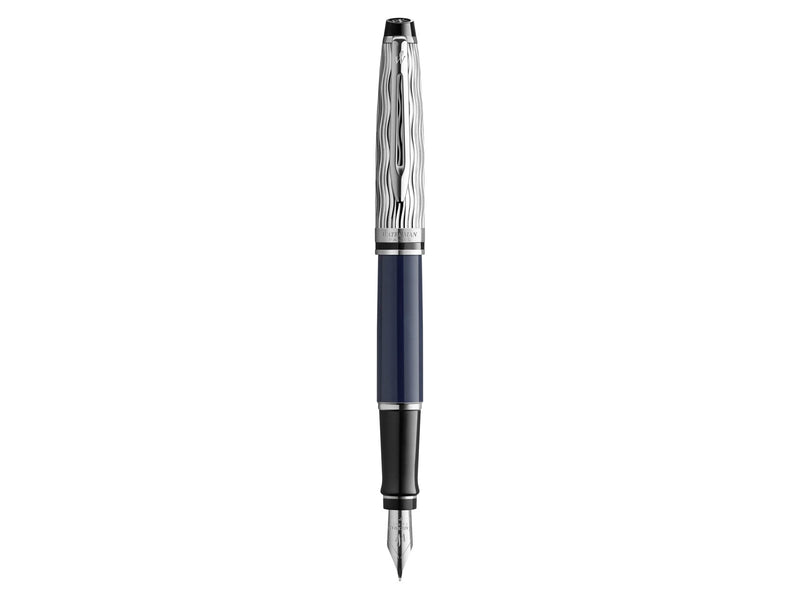 Waterman Expert Füller | Metall und blaue Lackierung | ziselierte Kappe | mittlere Feder aus Edelstahl | blaue Tinte | Geschenkbox |