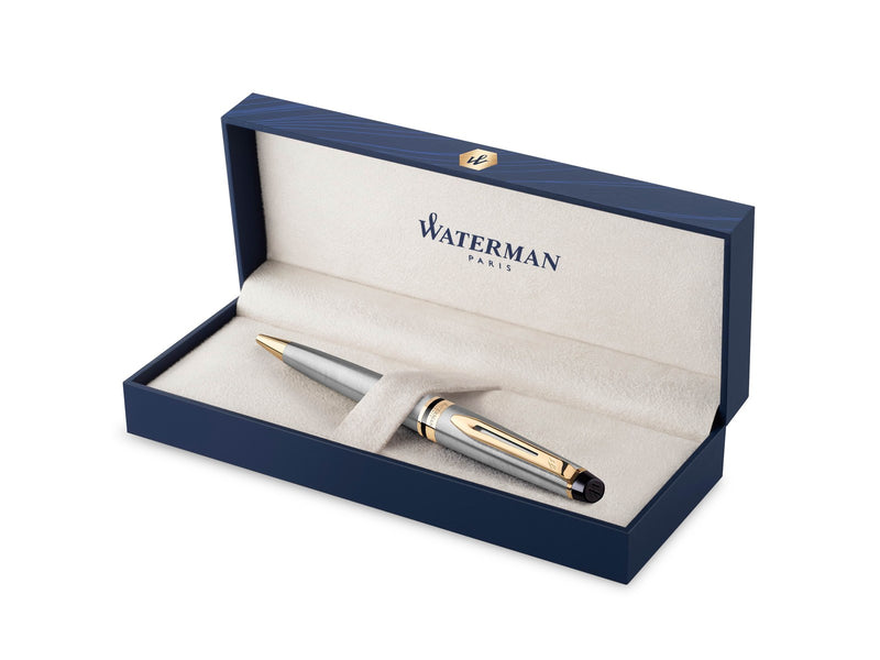 Waterman Expert Kugelschreiber | Edelstahl mit Zierteile aus 23 K Gold | Mittlere Spitze | Blaue Tinte | Geschenkbox