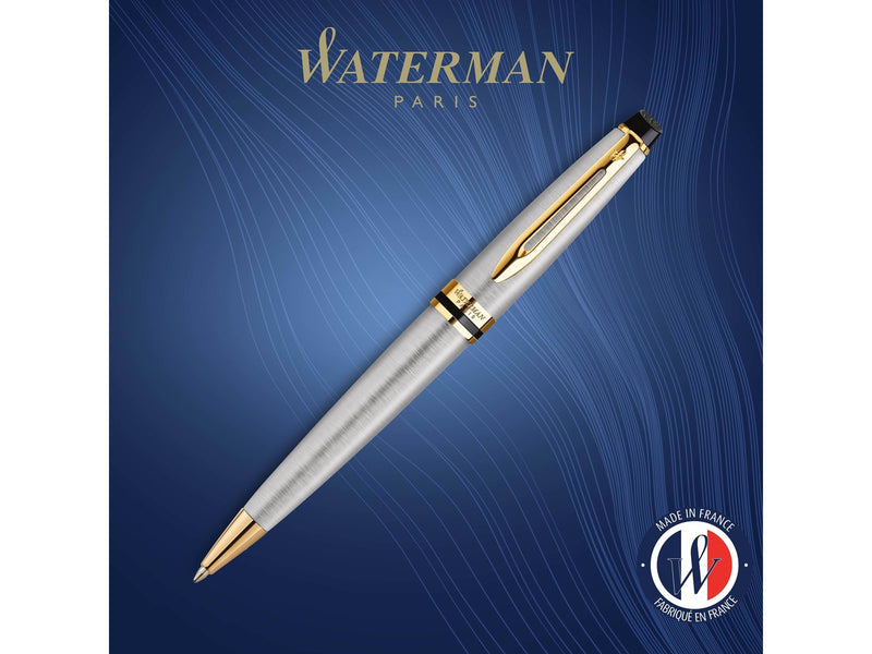 Waterman Expert Kugelschreiber | Edelstahl mit Zierteile aus 23 K Gold | Mittlere Spitze | Blaue Tinte | Geschenkbox