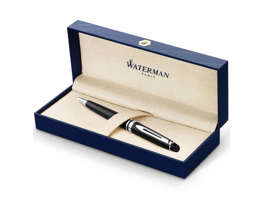 Waterman Expert Kugelschreiber | Hochglänzend Schwarz mit Chromzierteile | Mittlere Spitze | Blaue Tinte | Geschenkbox