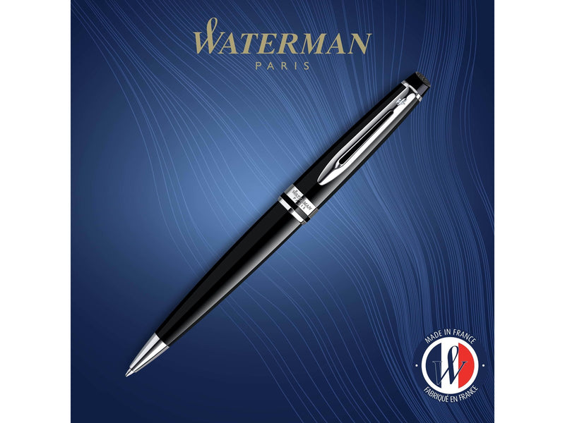 Waterman Expert Kugelschreiber | Hochglänzend Schwarz mit Chromzierteile | Mittlere Spitze | Blaue Tinte | Geschenkbox