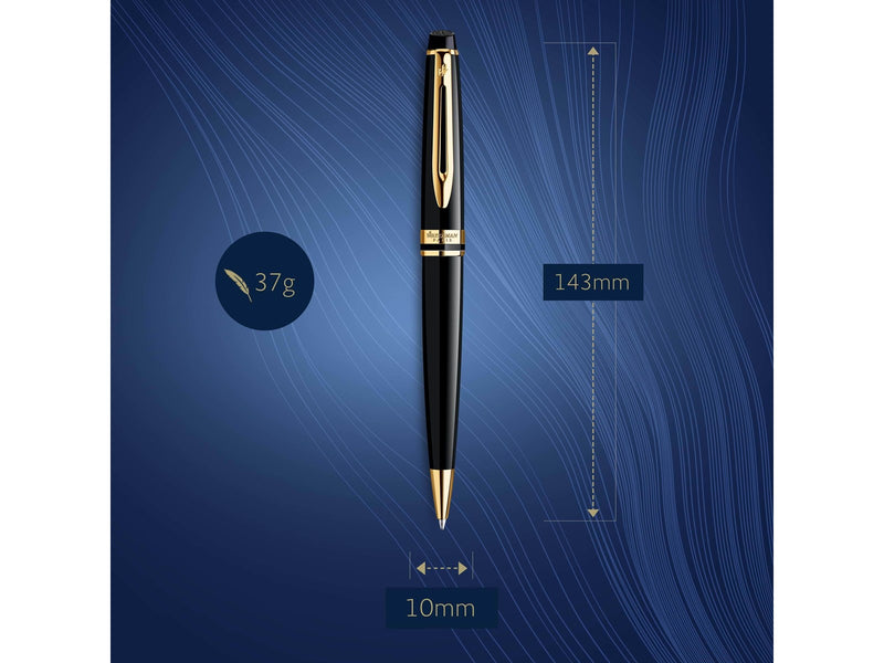 Waterman Expert Kugelschreiber | Hochglänzend Schwarz mit Zierteile aus 23 K Gold | Mittlere Spitze | Blaue Tinte | Geschenkbox