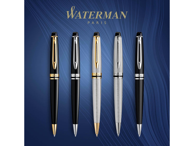 Waterman Expert Kugelschreiber | Hochglänzend Schwarz mit Zierteile aus 23 K Gold | Mittlere Spitze | Blaue Tinte | Geschenkbox