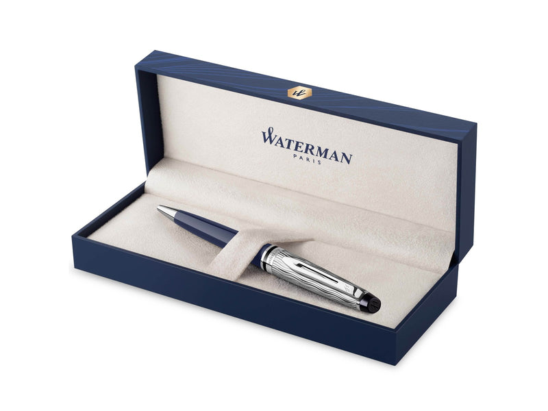 Waterman Expert Kugelschreiber | Metall und blaue Lackierung | ziselierte Kappe | blaue Tinte | Geschenkbox