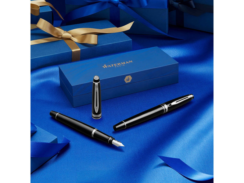 Waterman Expert Tintenroller | Mattschwarz | Chromzierteile| feine Spitze | Schwarz | Geschenkbox