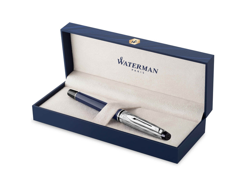 Waterman Expert Tintenroller | Metall und blaue Lackierung | ziselierte Kappe | schwarze Tinte | Geschenkbox