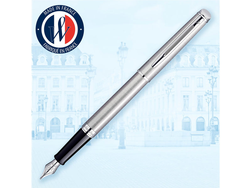 Waterman Hémisphère Füller | Edelstahl mit Chromzierteile | Füllfederhalter mit feiner Feder und blauer Tinte | Geschenkbox