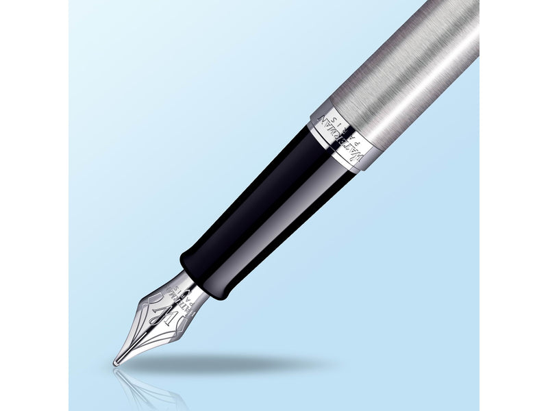 Waterman Hémisphère Füller | Edelstahl mit Chromzierteile | Füllfederhalter mit feiner Feder und blauer Tinte | Geschenkbox