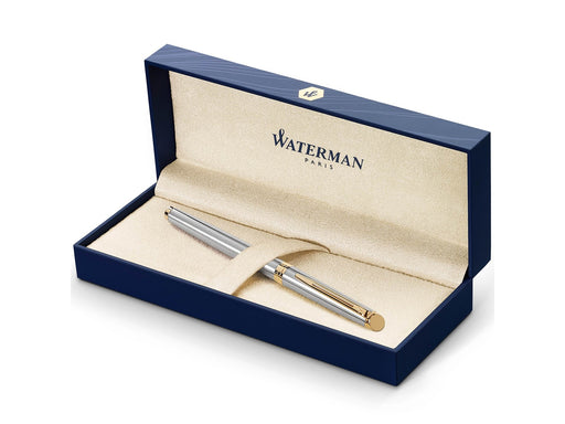 Waterman Hémisphère Füller | Edelstahl mit Zierteile aus 23 K Gold | Füllfederhalter mit feiner Feder und blauer Tinte | Geschenkbox