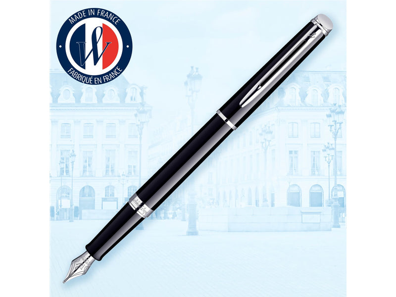 Waterman Hémisphère Füller | Hochglänzend Schwarz mit Chromzierteile | Füllfederhalter mit mittlerer Feder | blaue Tinte | Geschenkbox