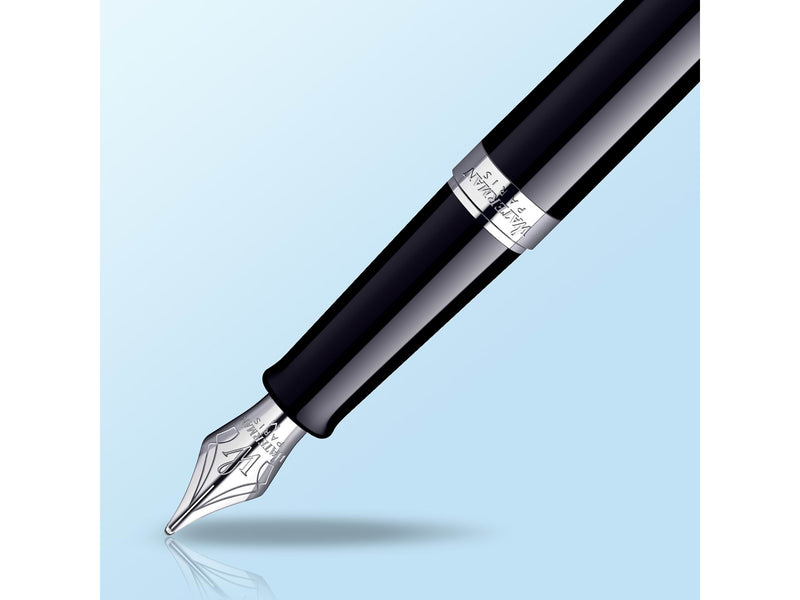 Waterman Hémisphère Füller | Hochglänzend Schwarz mit Chromzierteile | Füllfederhalter mit mittlerer Feder | blaue Tinte | Geschenkbox
