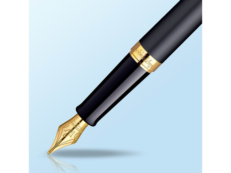 Waterman Hémisphère Füller | Mattschwarz mit Zierteile aus 23 K Gold | Füllfederhalter mit feiner Feder | blaue Tinte | Geschenkbox