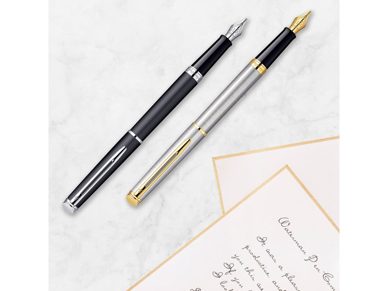 Waterman Hémisphère Füller | Mattschwarz mit Zierteile aus 23 K Gold | Füllfederhalter mit feiner Feder | blaue Tinte | Geschenkbox