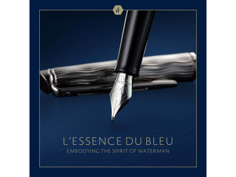 Waterman Hémisphère Füller | Metall und blaue Lackierung | ziselierte Kappe | Füllfederhalter mit mittlerer Edelstahlfeder | blaue Tinte | Geschenkbox