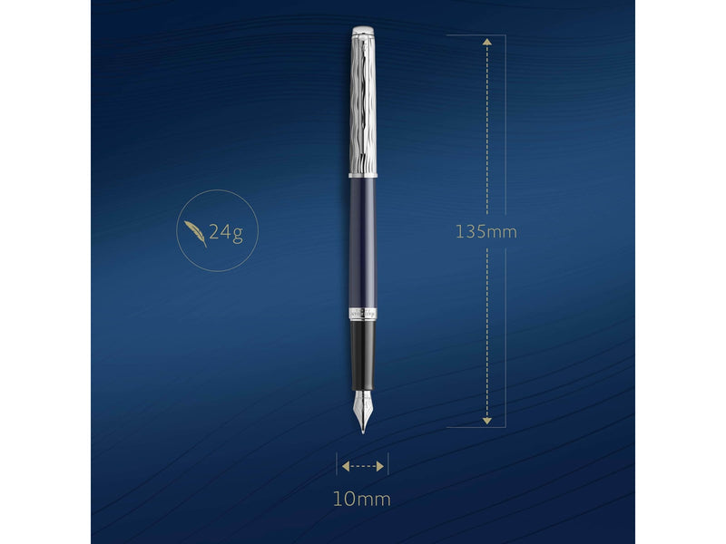 Waterman Hémisphère Füller | Metall und blaue Lackierung | ziselierte Kappe | Füllfederhalter mit mittlerer Edelstahlfeder | blaue Tinte | Geschenkbox