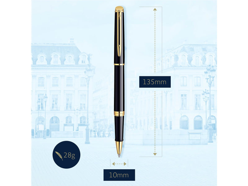 Waterman Hémisphère Tintenroller | Hochglänzend Schwarz mit Zierteile aus 23 K Gold | feine Spitze | Schwarze Tinte | Geschenkbox