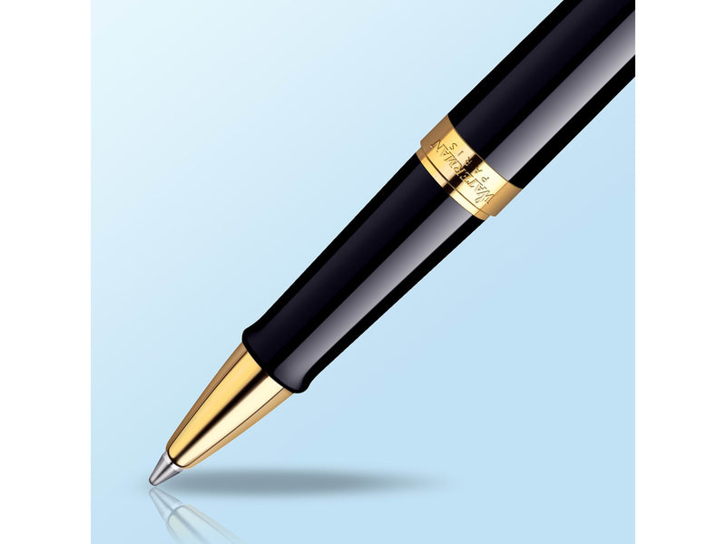 Waterman Hémisphère Tintenroller | Hochglänzend Schwarz mit Zierteile aus 23 K Gold | feine Spitze | Schwarze Tinte | Geschenkbox