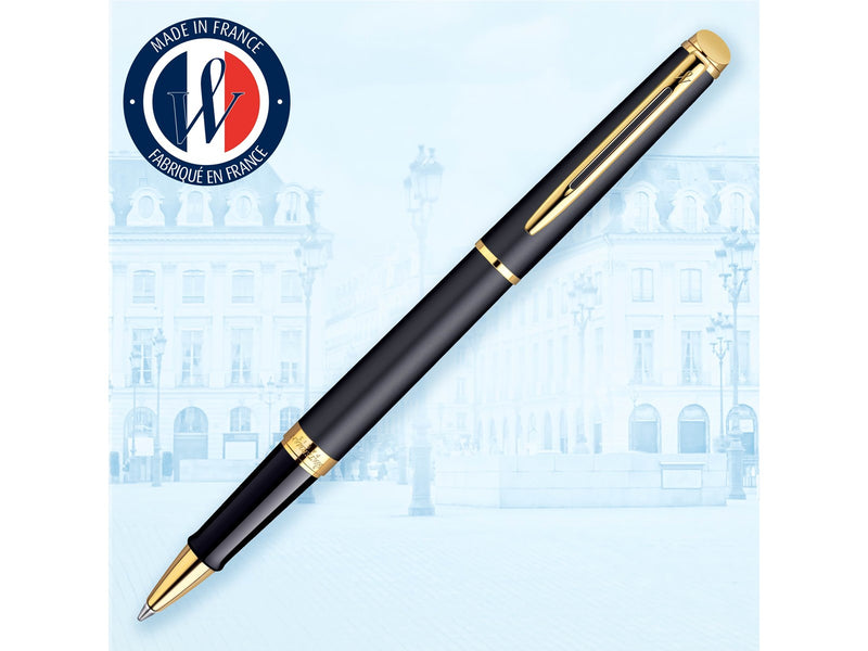 Waterman Hémisphère Tintenroller | Mattschwarz mit Goldzierteile | feine Spitze | Schwarze Tinte | Geschenkbox