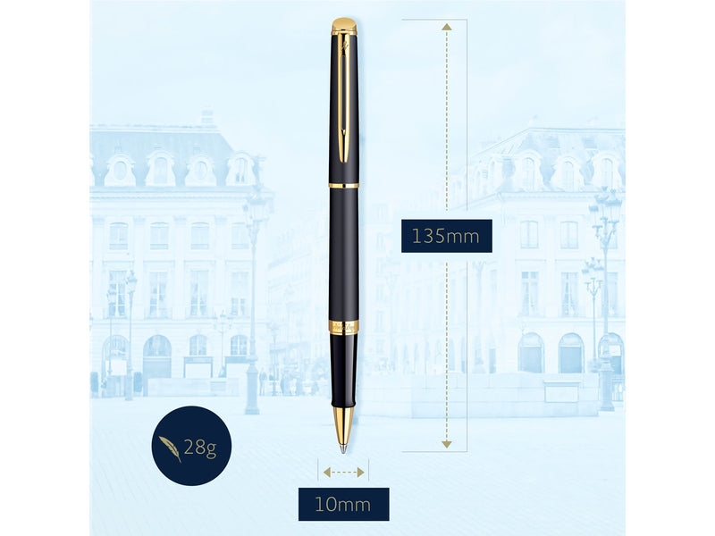 Waterman Hémisphère Tintenroller | Mattschwarz mit Goldzierteile | feine Spitze | Schwarze Tinte | Geschenkbox