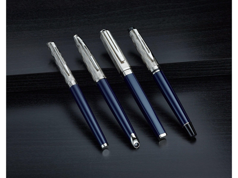 Waterman Hémisphère Tintenroller | Metall und blaue Lackierung | ziselierte Kappe | schwarze Tinte | Geschenkbox