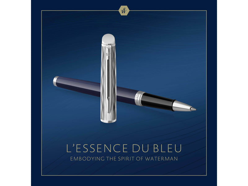 Waterman Hémisphère Tintenroller | Metall und blaue Lackierung | ziselierte Kappe | schwarze Tinte | Geschenkbox