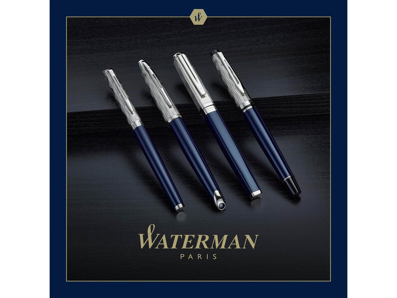 Waterman Hémisphère Tintenroller | Metall und blaue Lackierung | ziselierte Kappe | schwarze Tinte | Geschenkbox