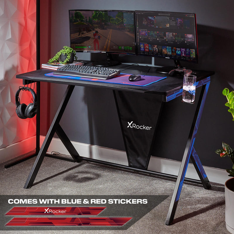 X Rocker Ocelot Carbon Gaming-Schreibtisch mit Mousepad & Kabelmanagement - blau/rot